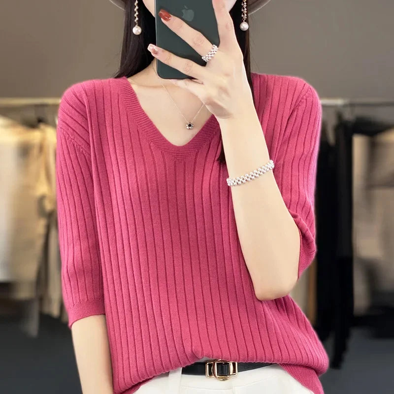 Womens Striped V-Neck Slim Sweater