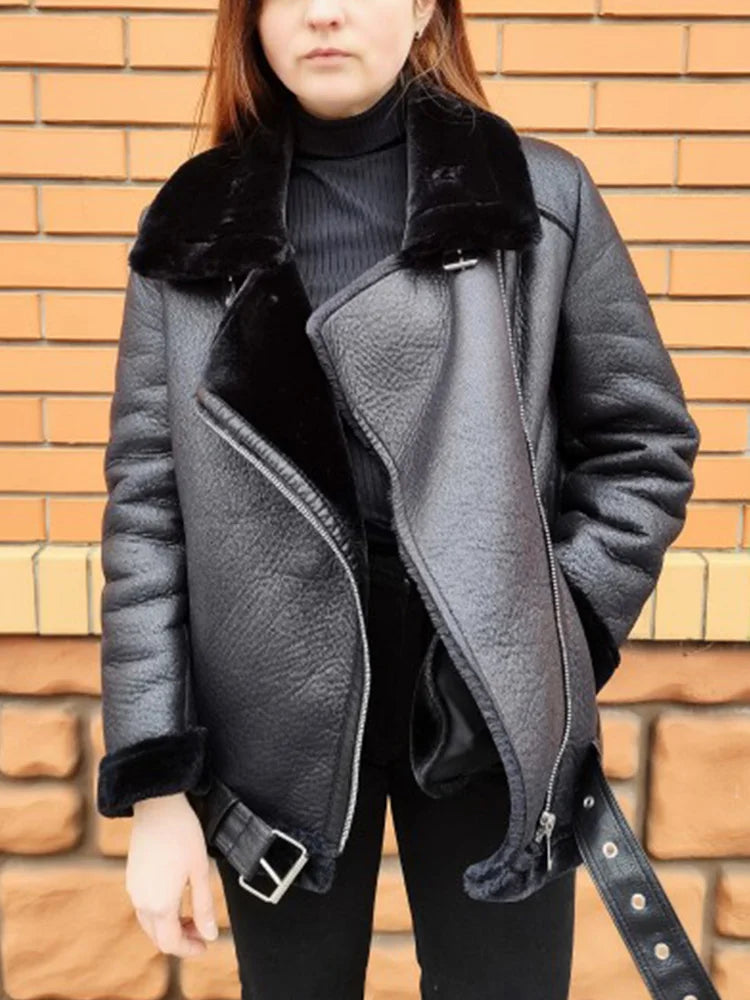 Ailegogo Winter Coats Women Thickness Faux Leather Fur Sheepskin Female Fur Leather Jacket Aviator Outwear Casaco Feminino