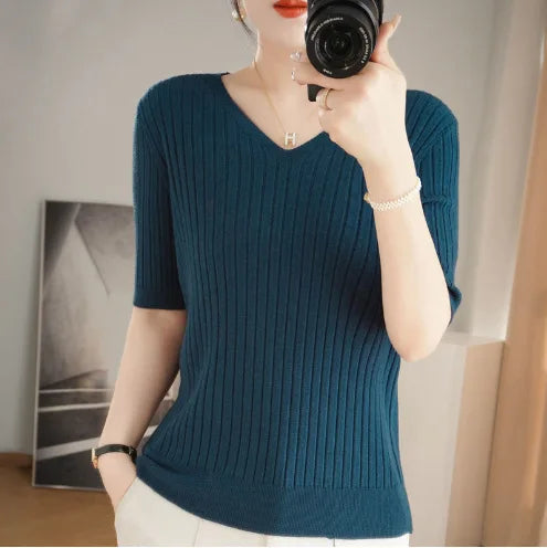 Womens Striped V-Neck Slim Sweater