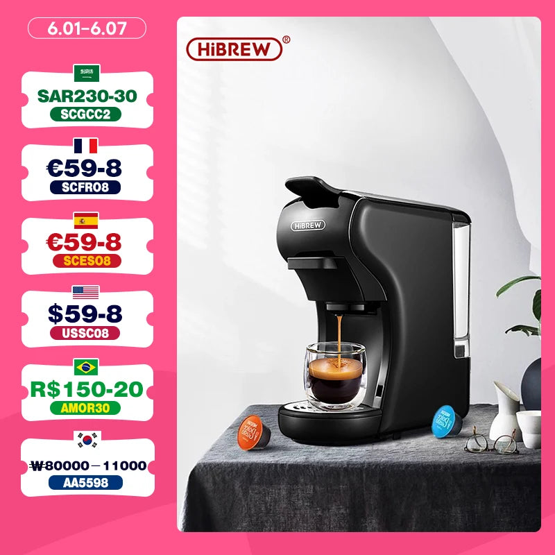 HiBREW Coffee Machine 19 Bar 4in1 Hot & Cold Multiple Capsule Espresso Cafetera Pod Coffee Maker Dolce Milk Nexpresso Powder H1A